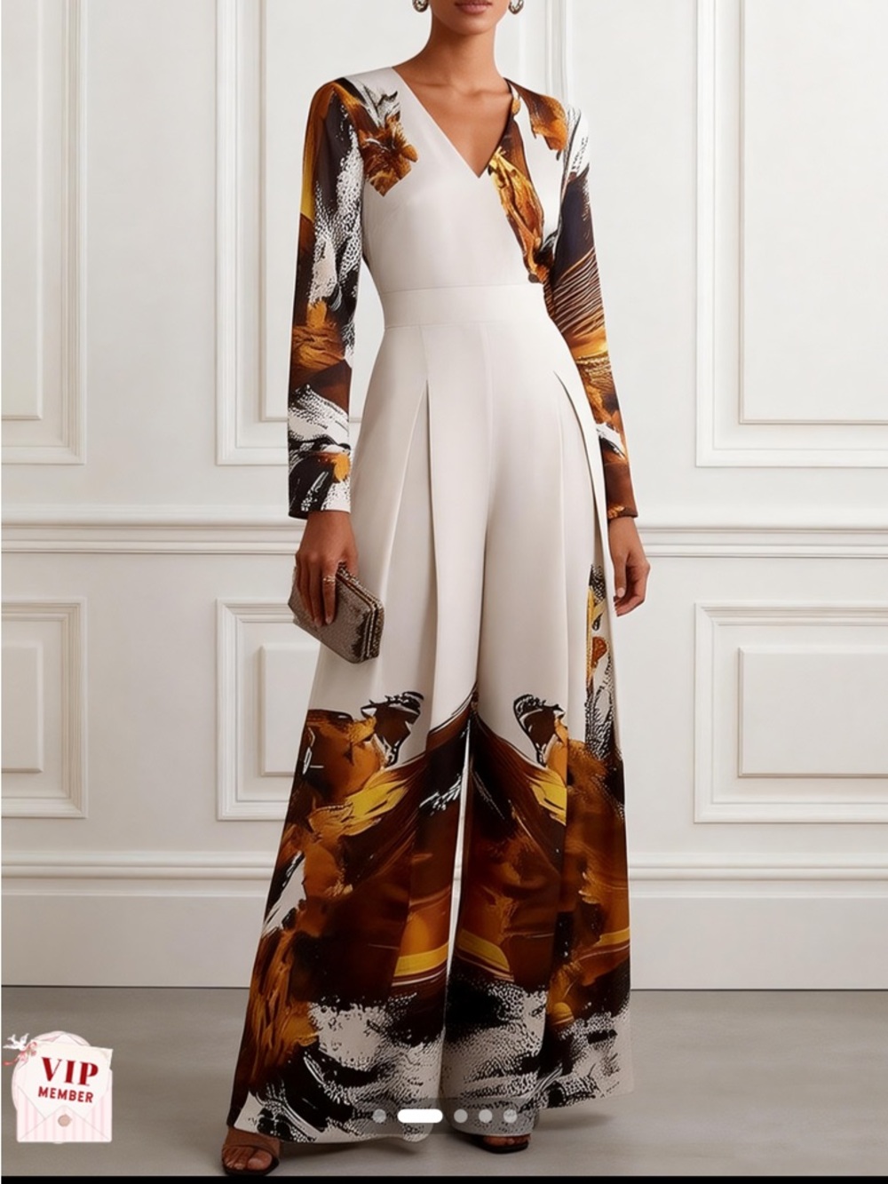 Women Light Khaki Floral V Neck Long Sleeve Wide-Leg Jumpsuit